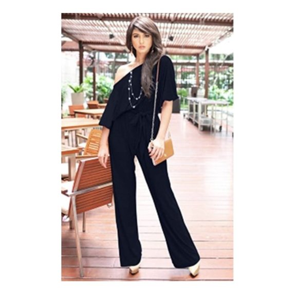 Koh Koh Pants - Koh Koh Navy Off Shoulder Jumpsuit